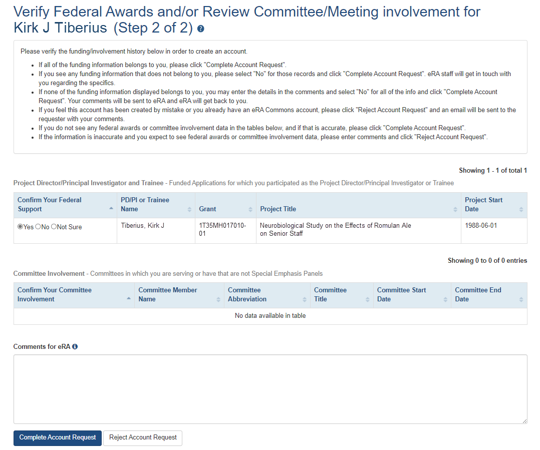 Step 2 of 2 is to verify any federal awards and/or review committee/meeting involvement