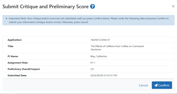 Submit Critique and Preliminary Score window