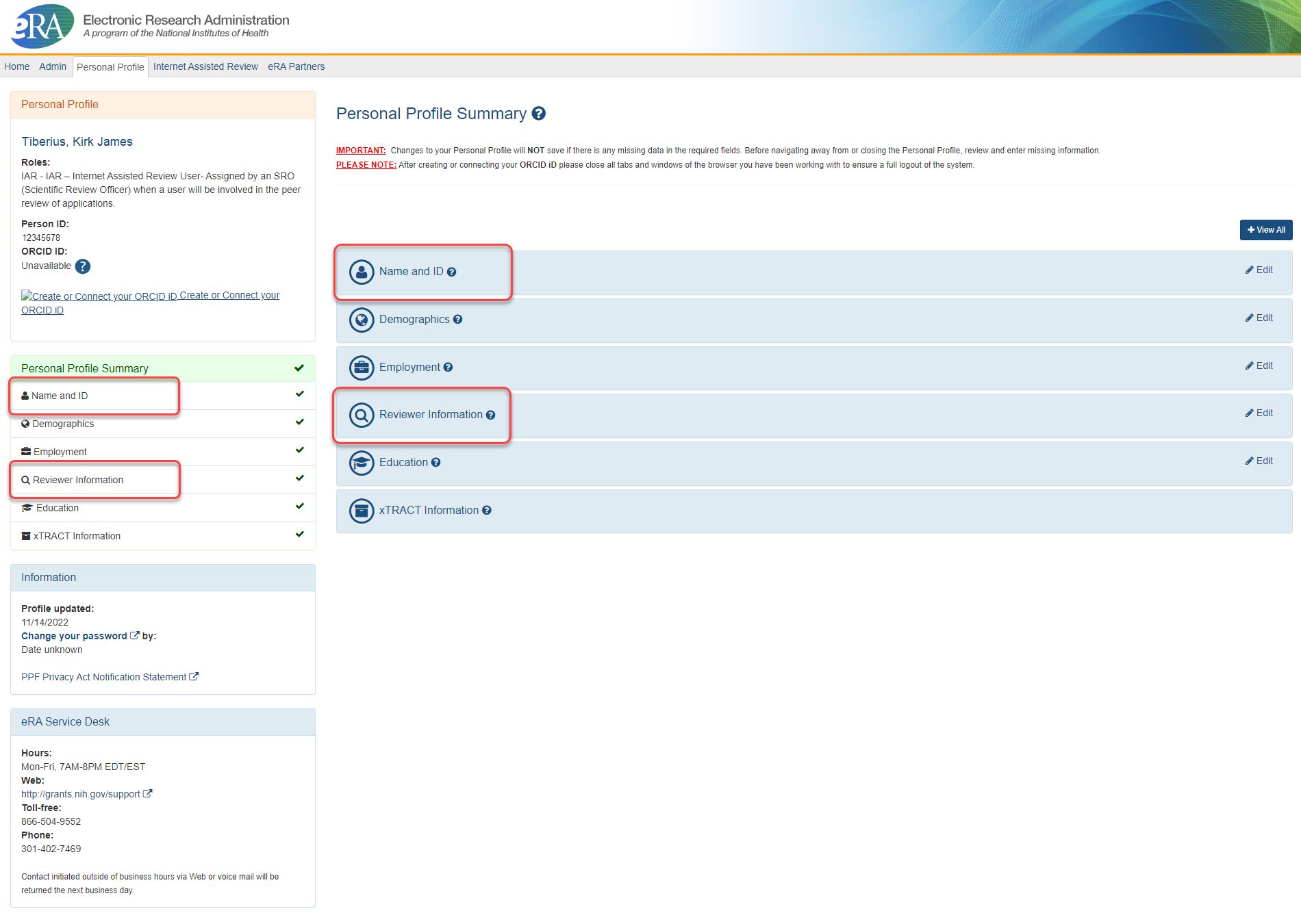 Sample of the eRA Commons Personal Profile Summary page