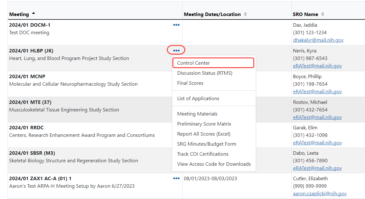 List of Meetings screen showing three-dot ellipses icon with available actions
