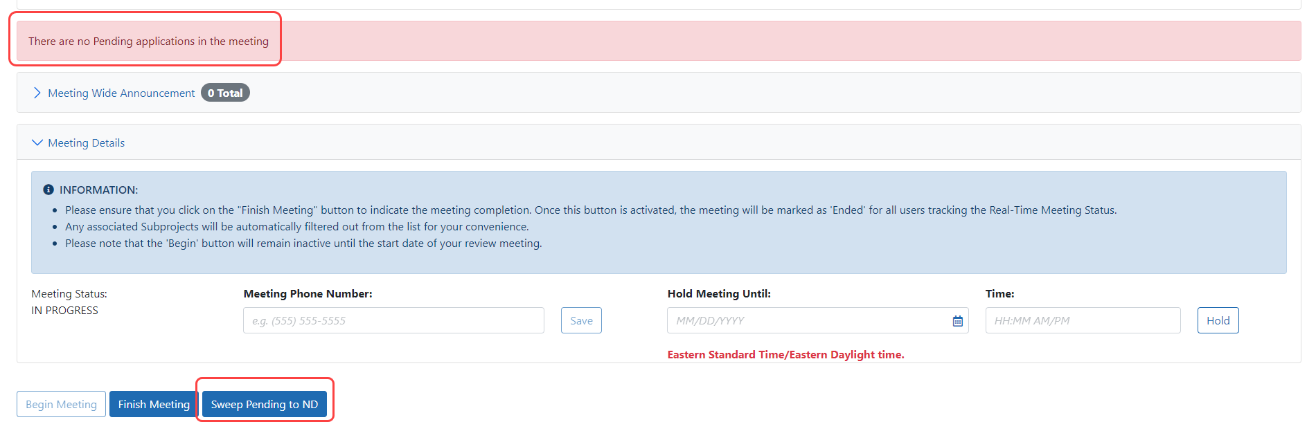 Sweep Pending error for no pending applications