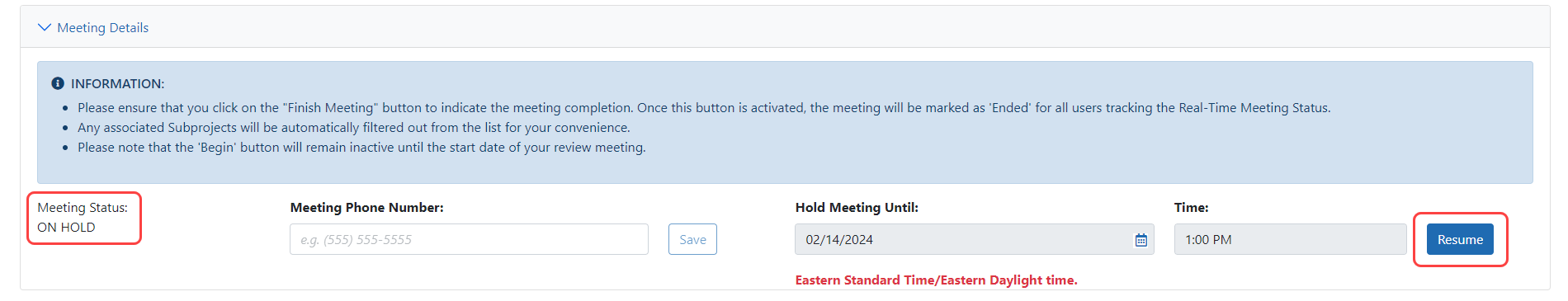 Resume button after meeting placed on hold