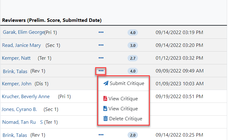 Reviewer Critique actions under the three-dot ellipses icon