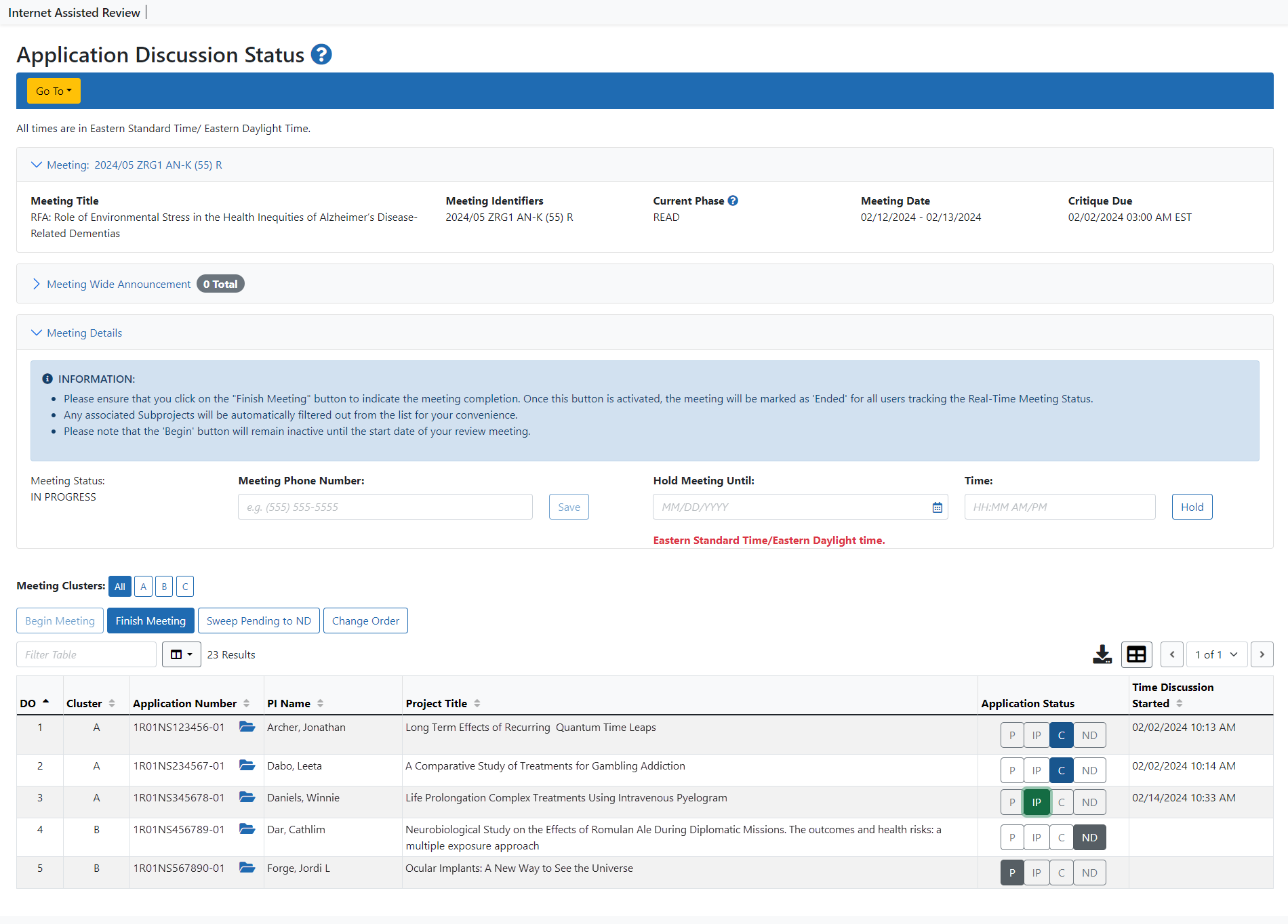 Application Discussion Status screen.