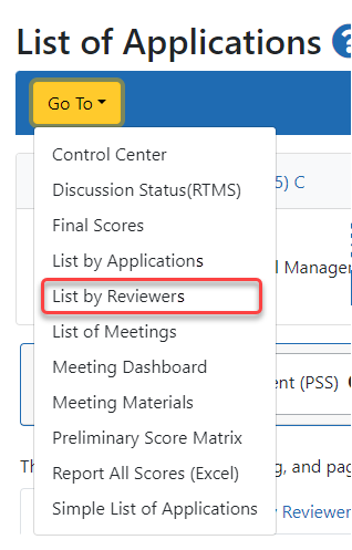 Go To menu showing the List by Reviewers option