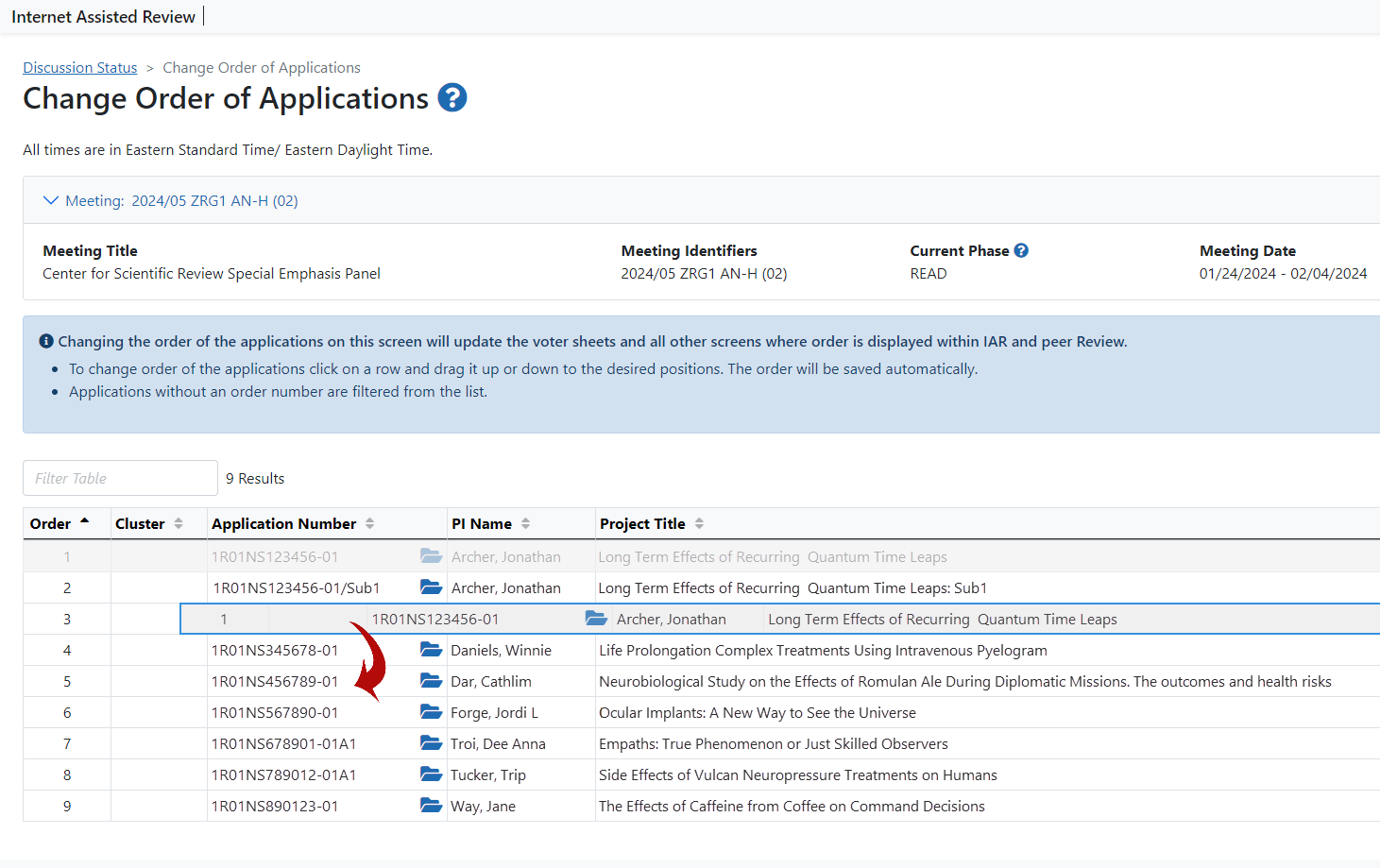 Change Order of Applications screen.