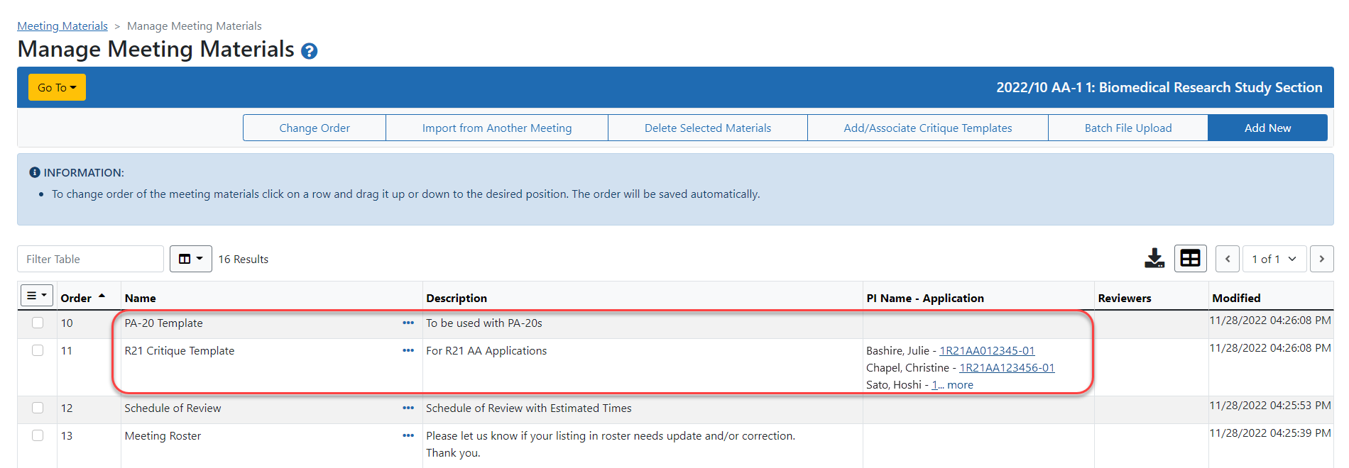 Manage Materials screen showing templates and action links.