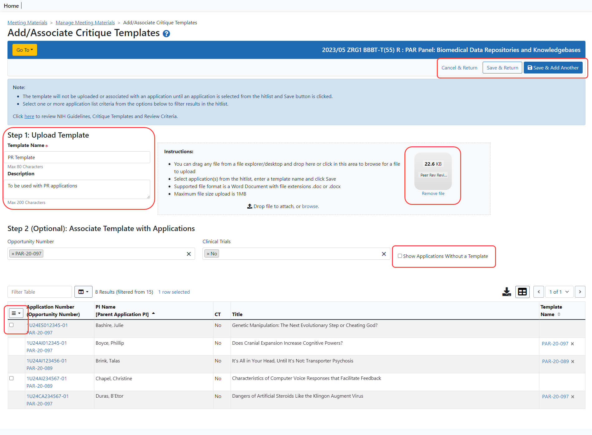 Add New Critique Template screen showing selected file.
