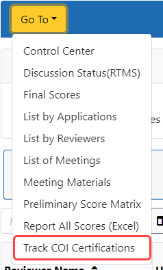 The Control Center Go To dropdown menu showing the Track COI Certification option