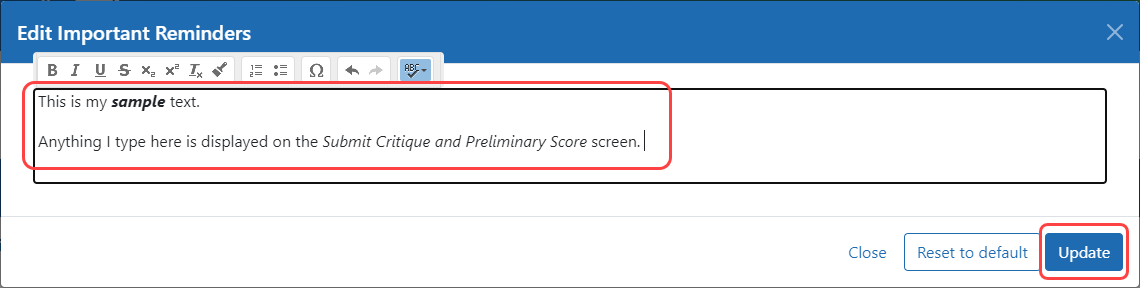 Edit Important Reminders window