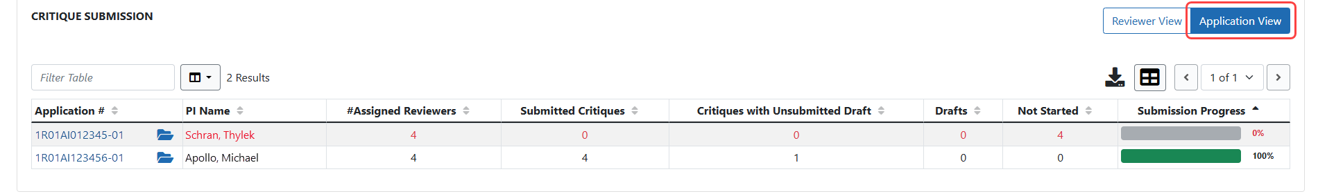 Application View of the Critique Submission table