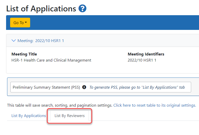 List By Reviewer tab on the List of Applications screen
