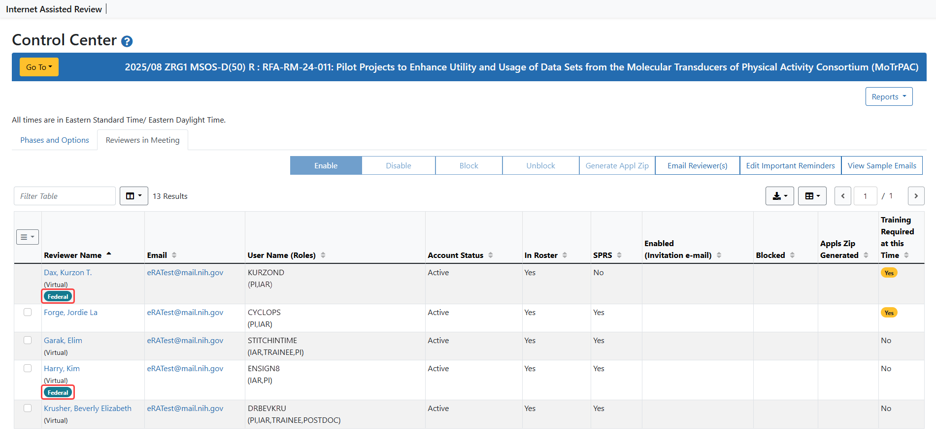 Control Center - Reviewers in Meeting screen showing the 'Federal' badge