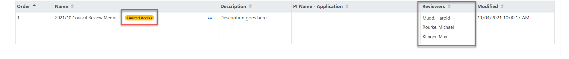 From the Meeting Materials screen an item identified as Limited Access and the reviewers identified as having access