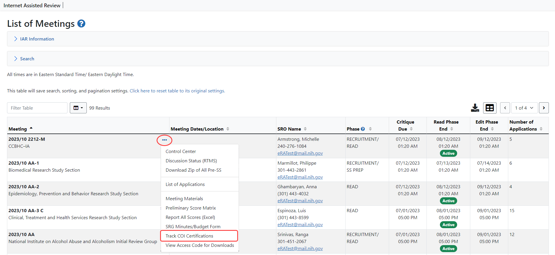 Track COI Certification link under the three-dot ellipsis icon for a meeting on the List of Meetings screen
