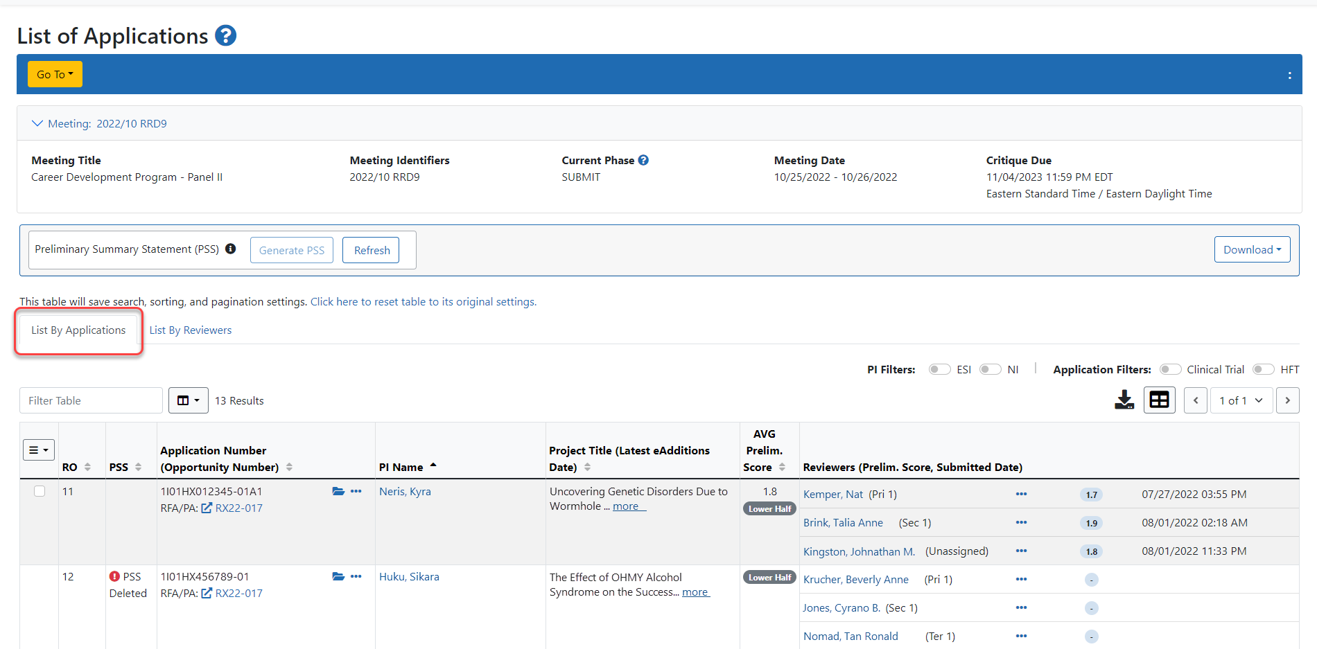 List of All Applications in the 'List by Application' view.