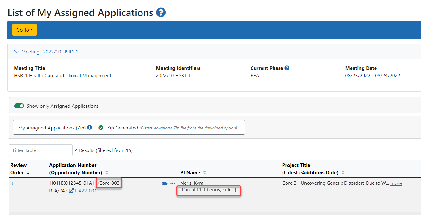 Portion of List of All Applications showing a subproject in the list