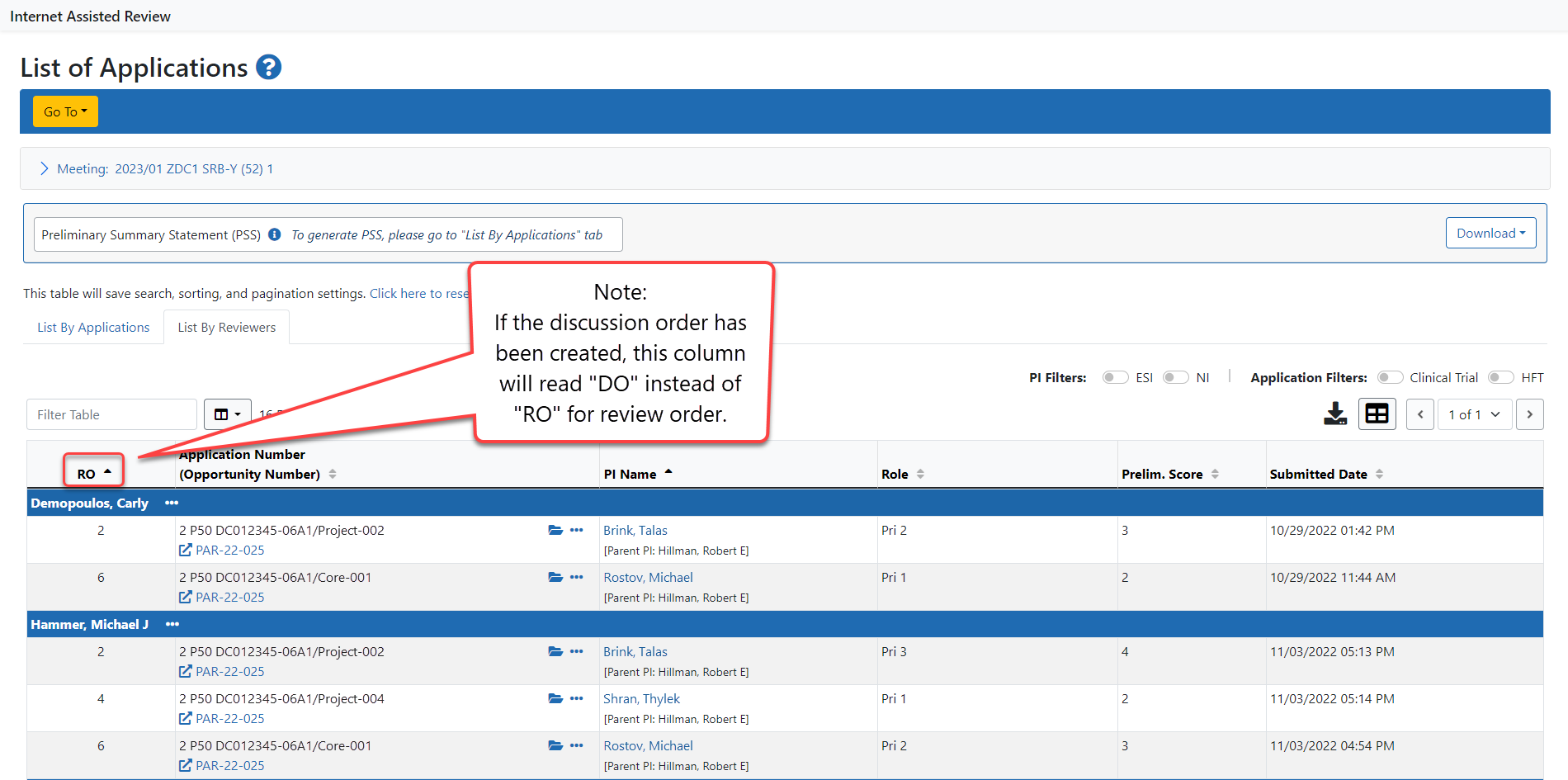 List of Applications by reviewer screen