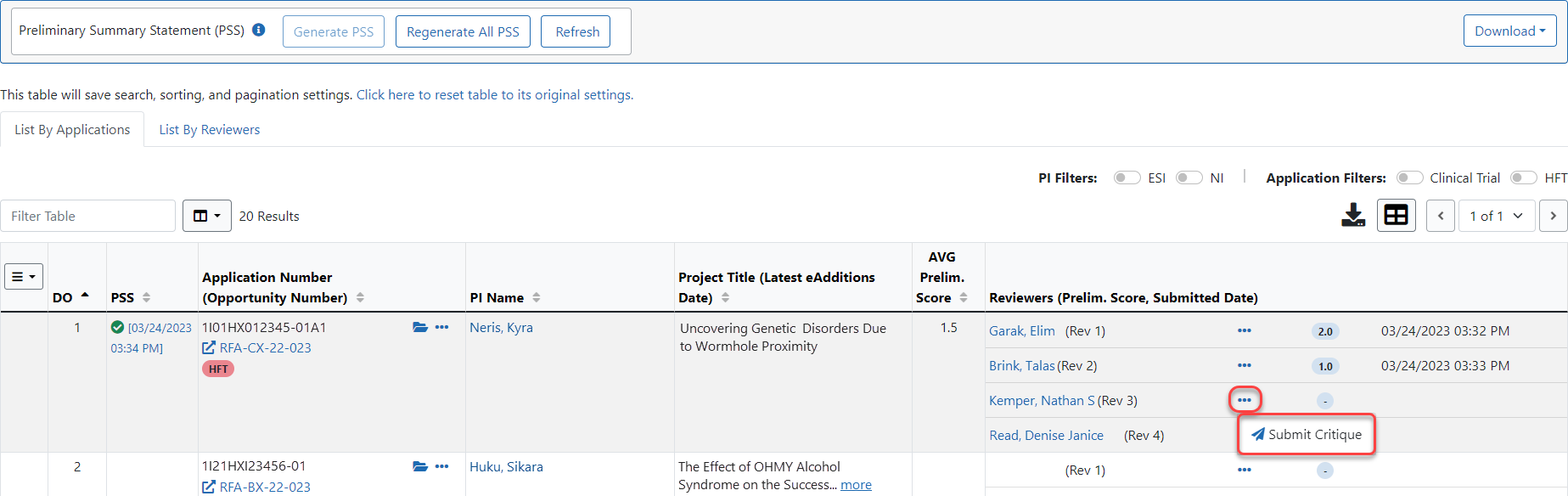 Portion of List of All Applications highlighting the Submit link.