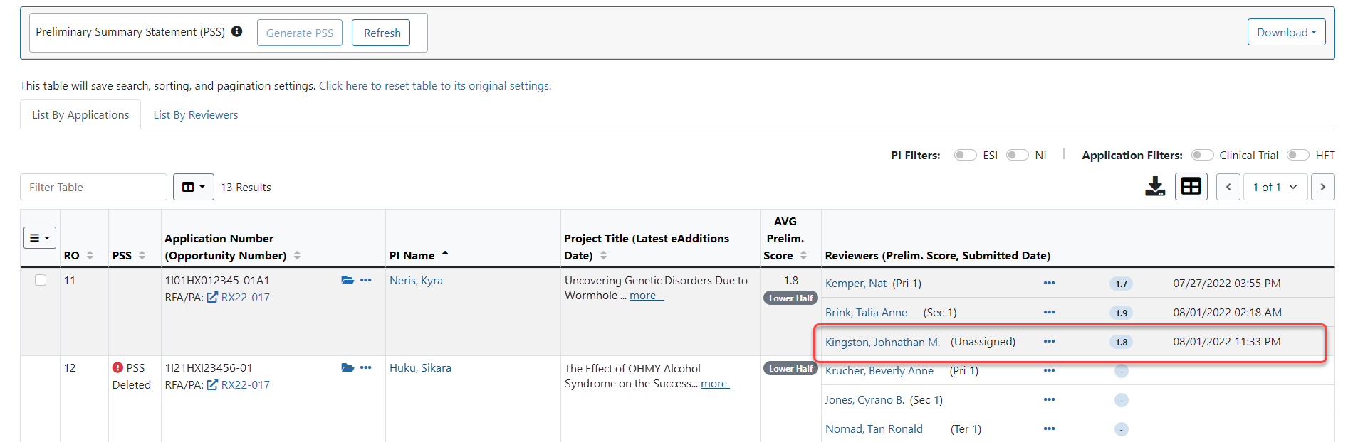 Unassigned Reviewer added to List of All Applications for application
