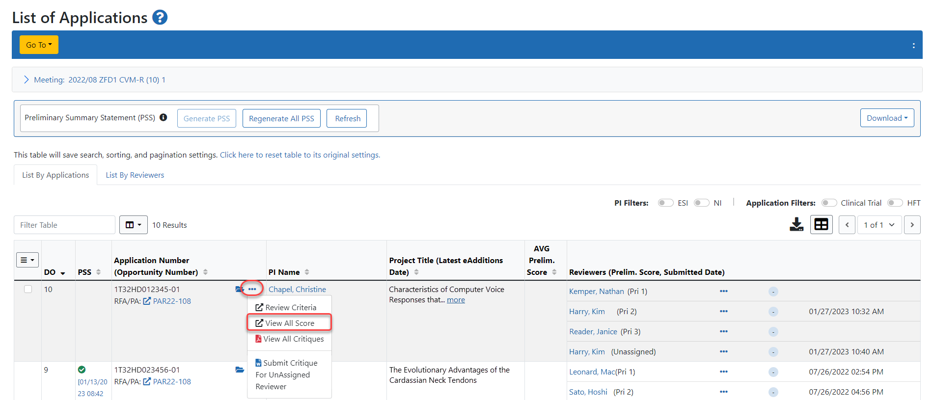 Portion of the List of All Applications highlighting the View All Scores link.