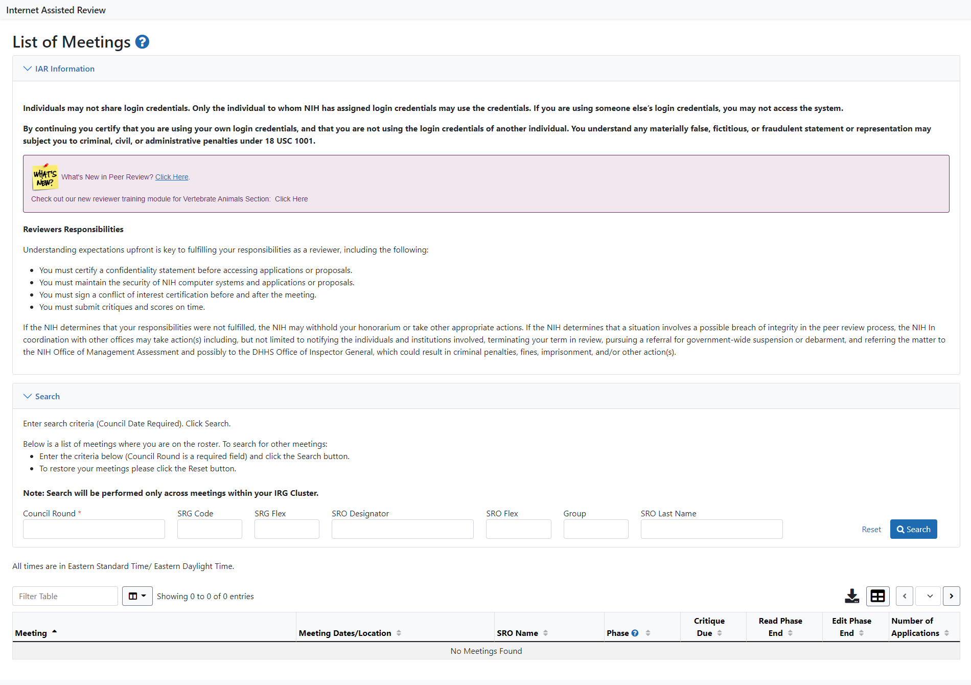 List of Meetings landing page