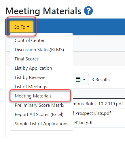 Meeting Materials Go To button 