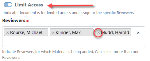 Limit Access option showing toggle switch and names of reviewers