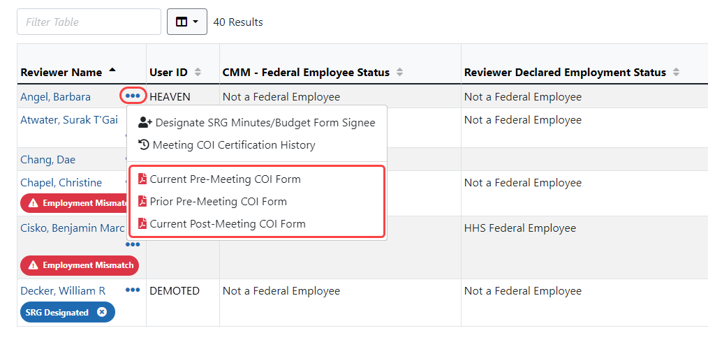 Action options accessed via the three-dot ellipsis icon, including COI certification forms for the reviewer.