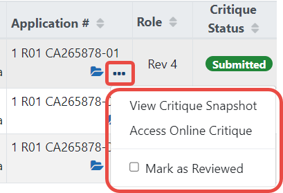 Meeting Dashboard Critique Tracking Status Three-dot Ellipsis menu