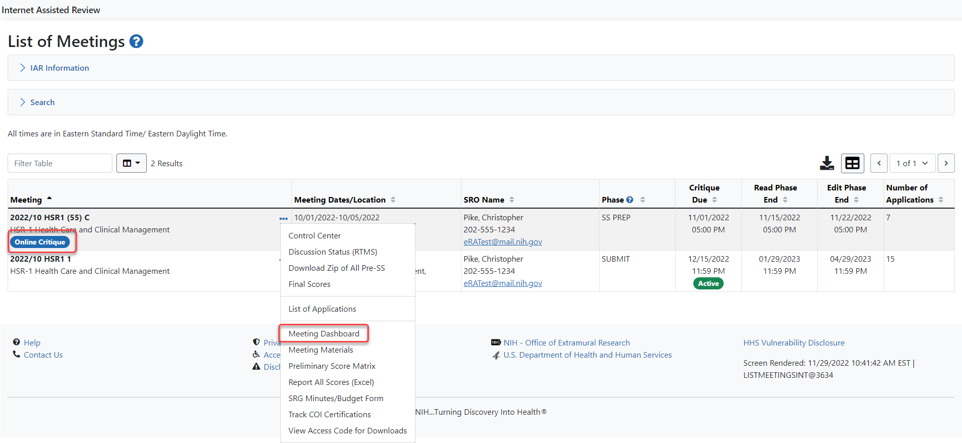 Meeting Dasboard Link on List of Meetings page