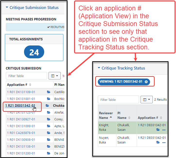 Click an application number in the second section to see the third section filtered to only that application.