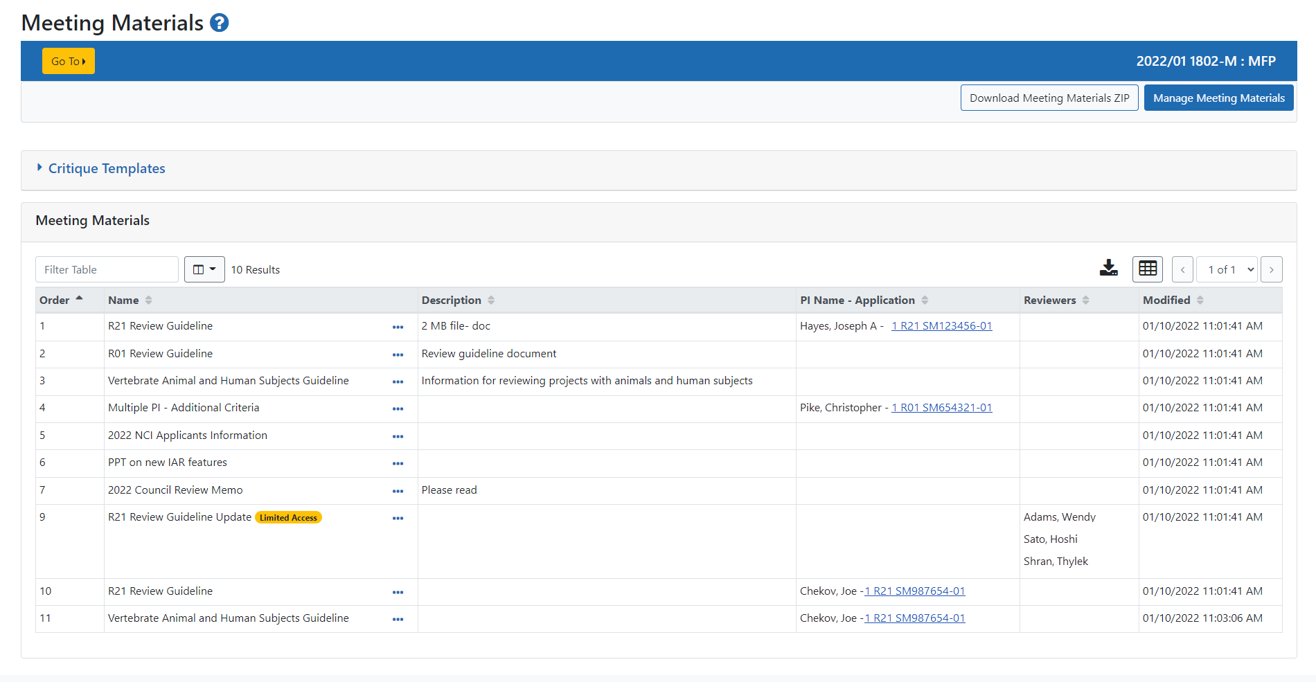 Sample Meeting Materials screen