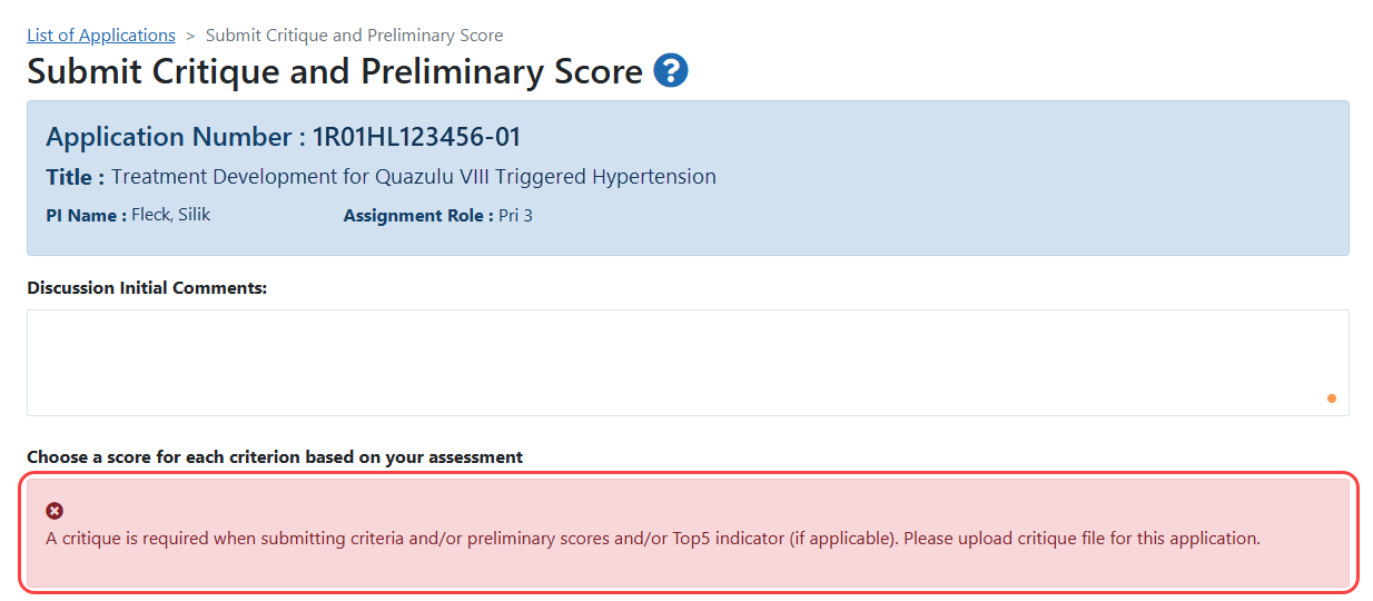 Submit Critique and Preliminary Score screen with error message (for Discussant)