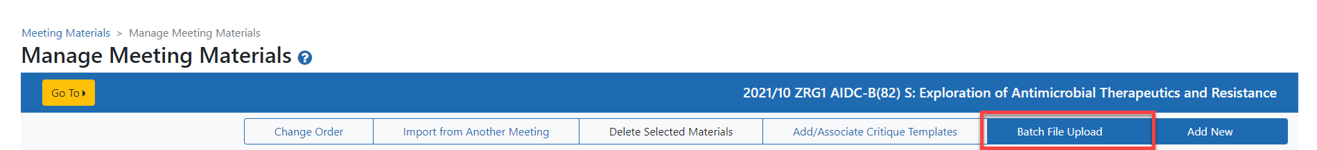 Batch File Upload button the Manage Meeting Materials screen