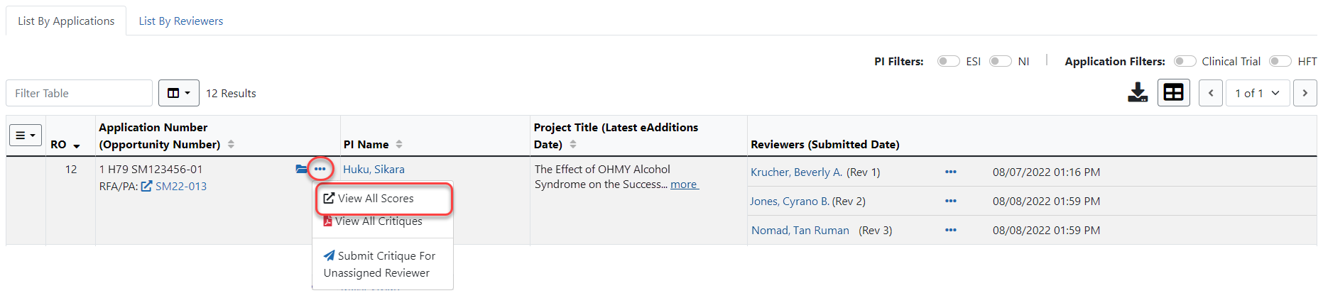 Portion of the List of All Applications highlighting the View All Scores link.