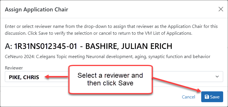 Pop-up window used to assign an application chair.