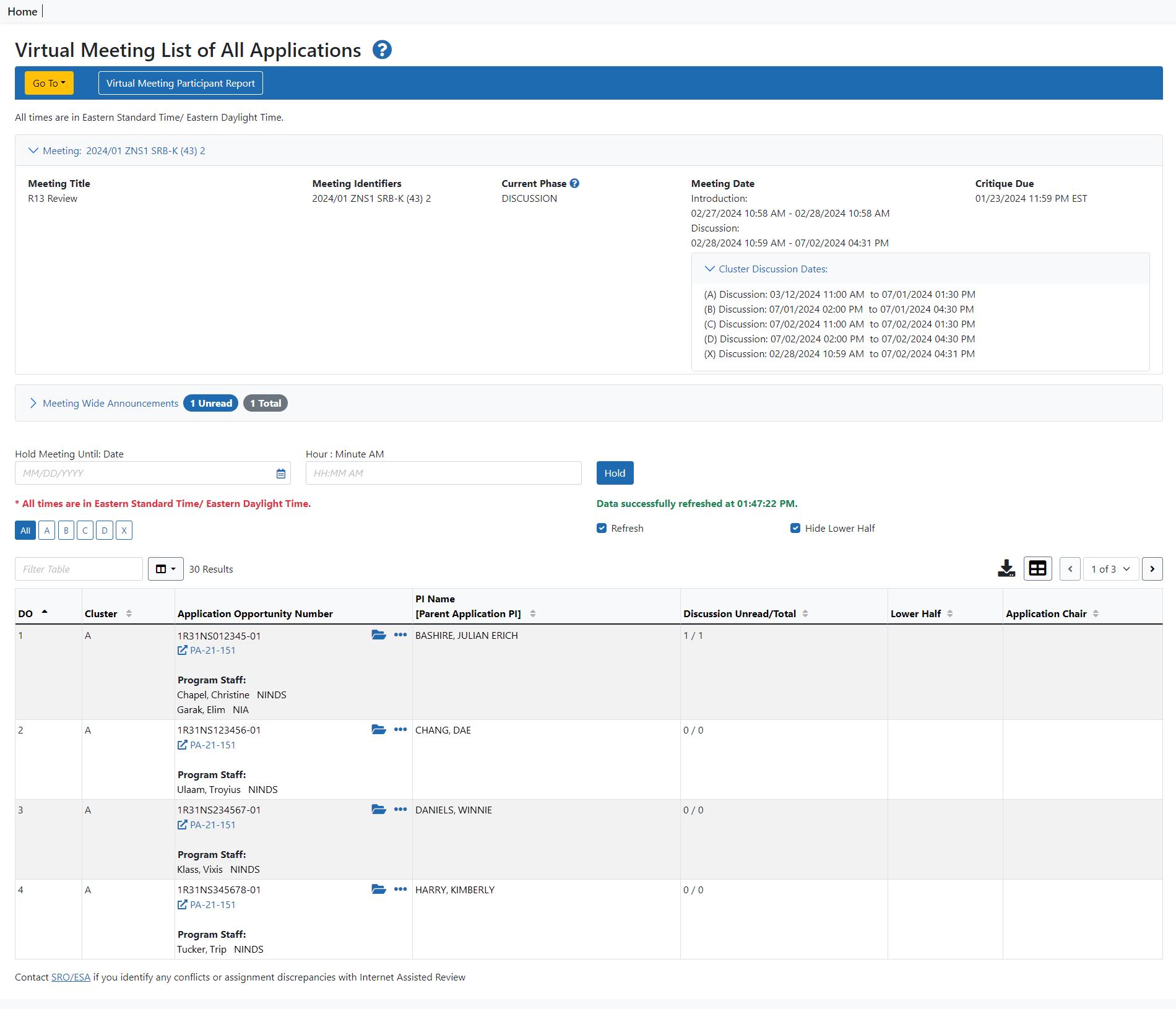 Virtual Meeting List of Applications screen