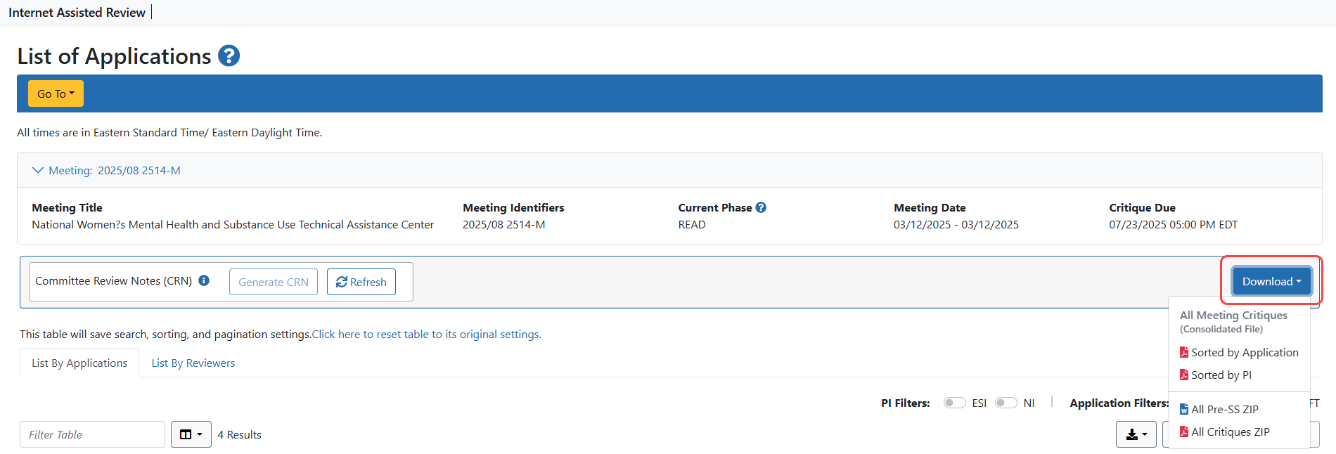 SRO List of Applications screen showing download options