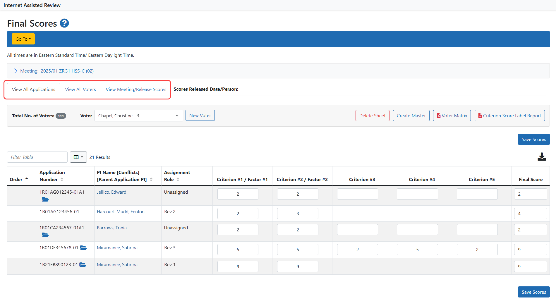 Final Scores screen showing the navigation tabs for View All Applications, View All Voters, View Meeting/Release Scores