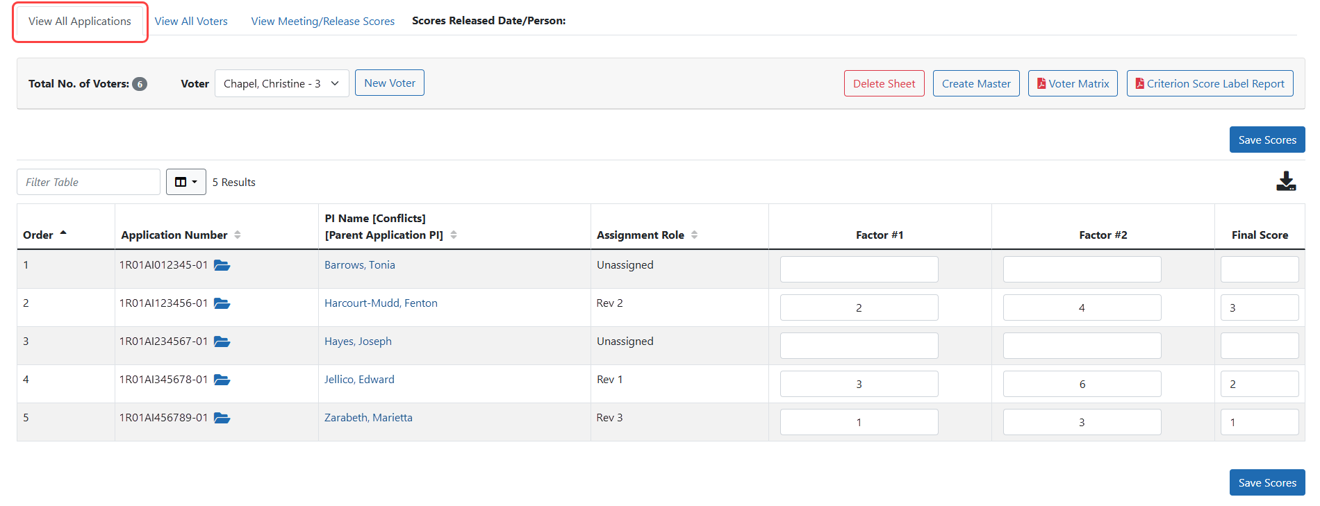Final Scores screen showing three-factor evaluation