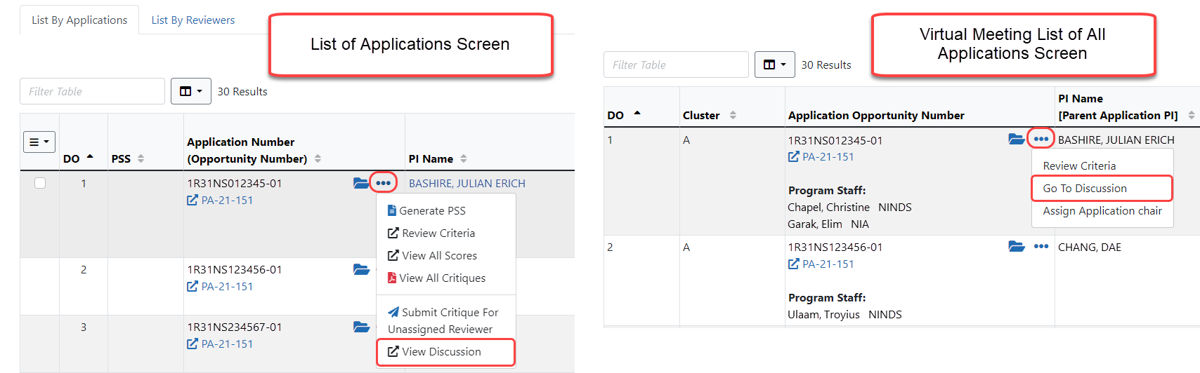 List of Applications screen and VM List of All Applications screen showing option to get to theapplication discussion screen
