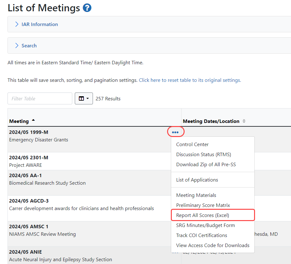 List of Meetings screen showing actions under the three-dot ellipsis icon