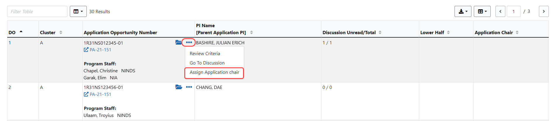 Virtual Meeting Applications table showing the three-dot ellipsis icon for the Assign Application Chair Option
