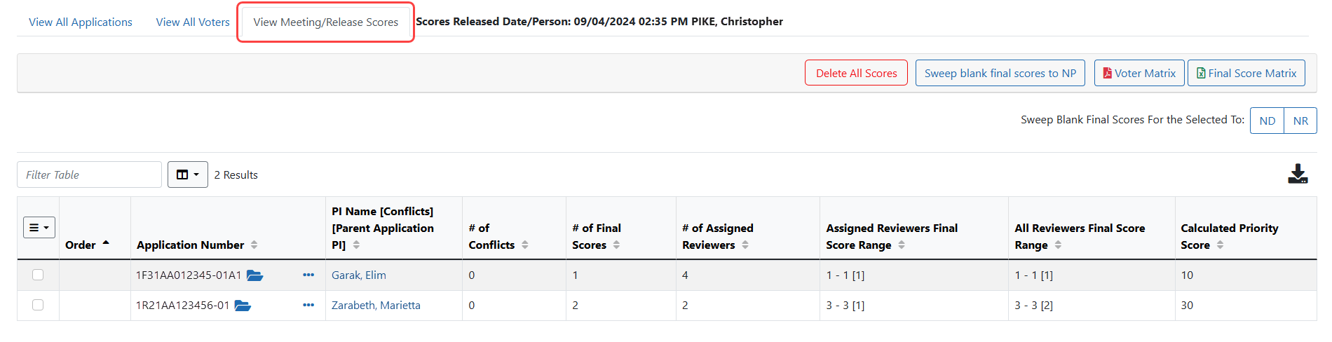 View Meeting/Release Scores table