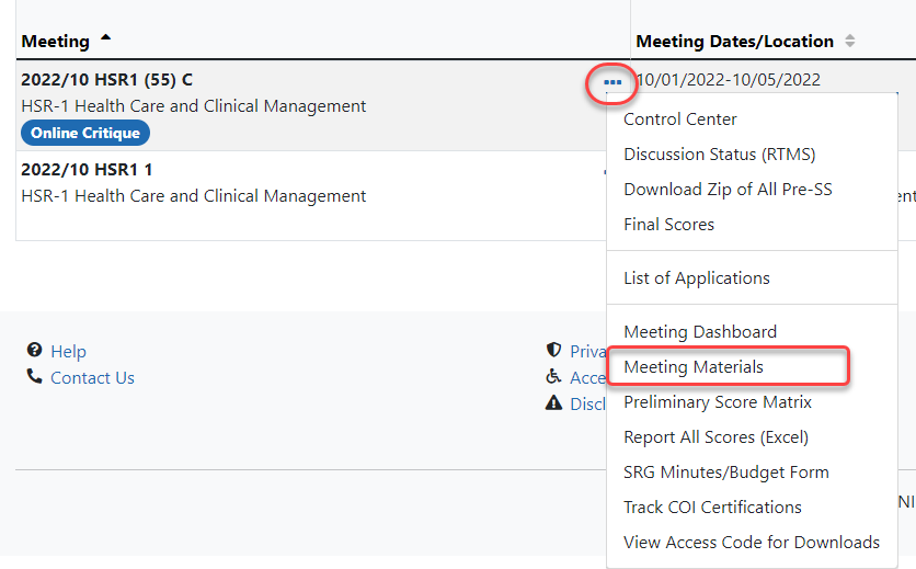 Select the Meeting Materials link from the three-dot ellipses icon