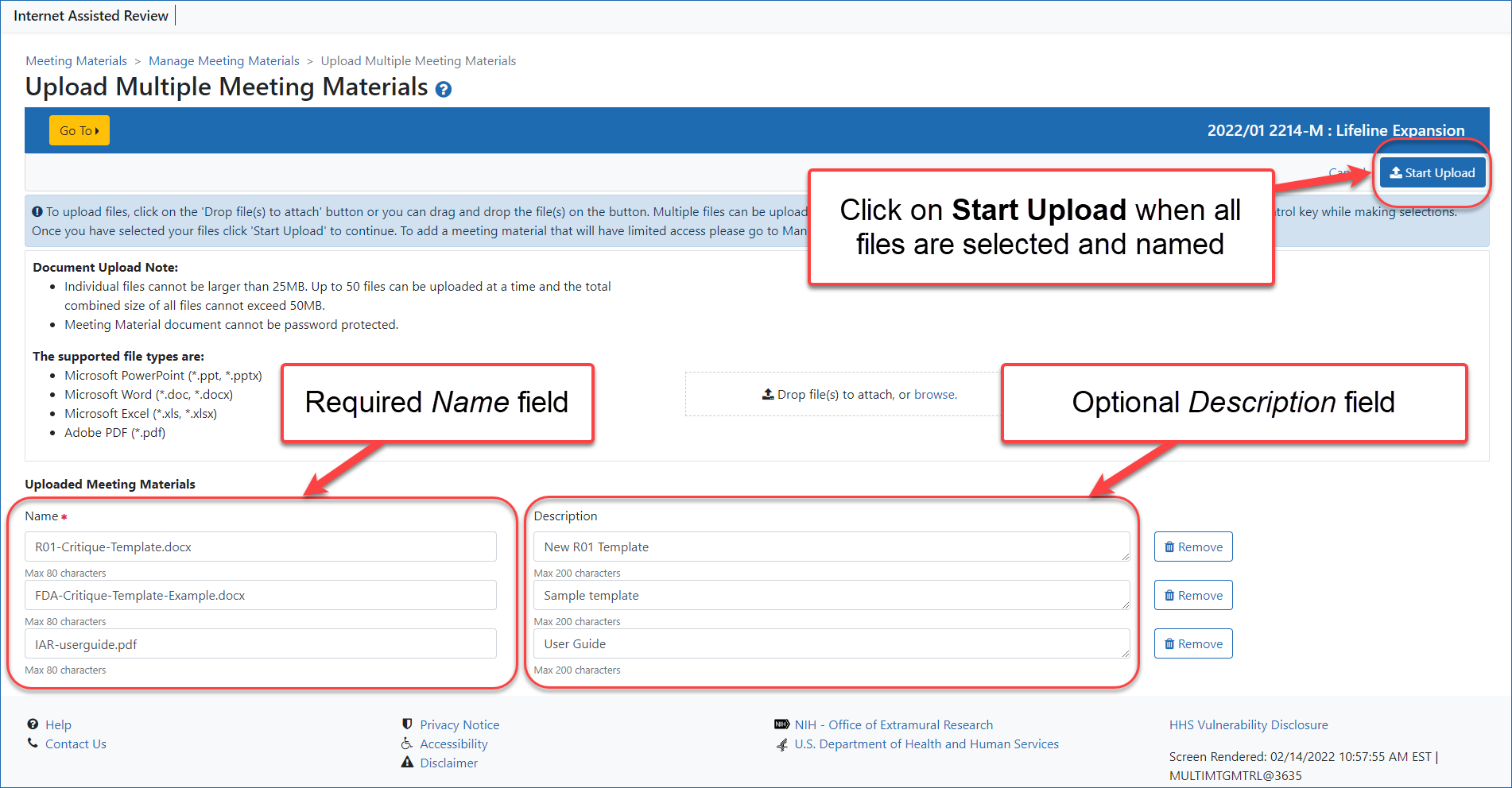 Upload Multiple Meeting Materials screen show required Name and optional Description fields and the Start Upload button