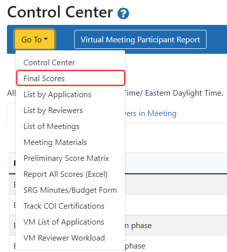 Control Center Go To Drop-down selection of Final Scores