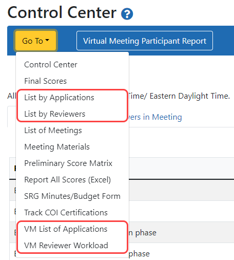 Showing the VM List of Applications in the Control Center drop-down menu