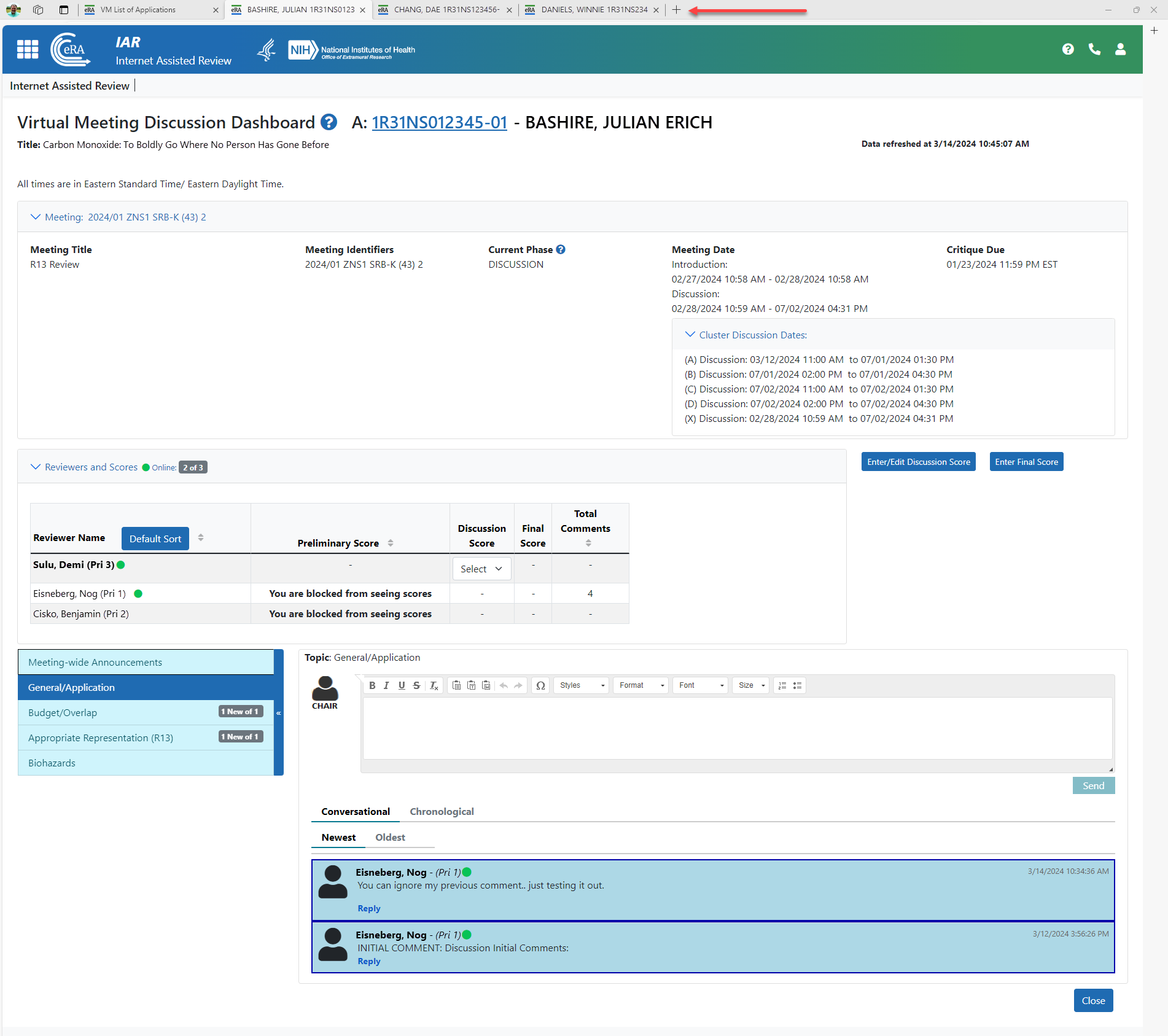 Multiple Discussion Dashboard screens open, identified by navigation tab title